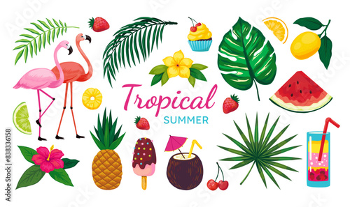 Beach party elements. Summer travel vacation. Tropical leaves. Coconut cocktail. Exotic flowers. Flamingo birds. Hawaiian or Caribbean fruits. Hawaii island drink. Summertime vector set
