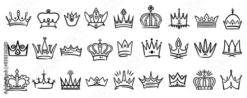 Doodle crowns. Hand drawn princess and prince line sketch isolated decorative elements, queen or king outline tiara, royal retro elements with diamonds. Royal heraldry sign. Vector icons