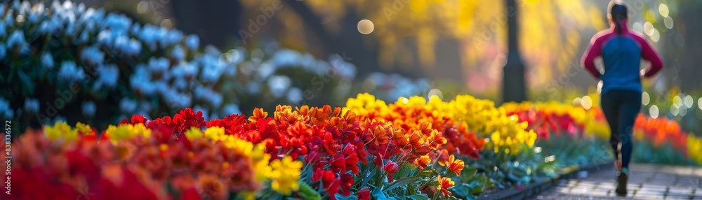 jogger running past a row of blooming flowers, with vibrant colors