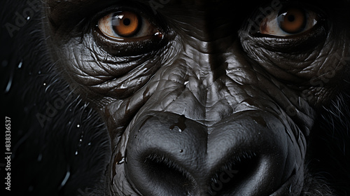 Detailed close-up of a gorilla emphasizing its expressive face and deep, soulful eyes. The gorilla's facial features and fur texture offer a captivating glimpse into the world of a gorilla. photo