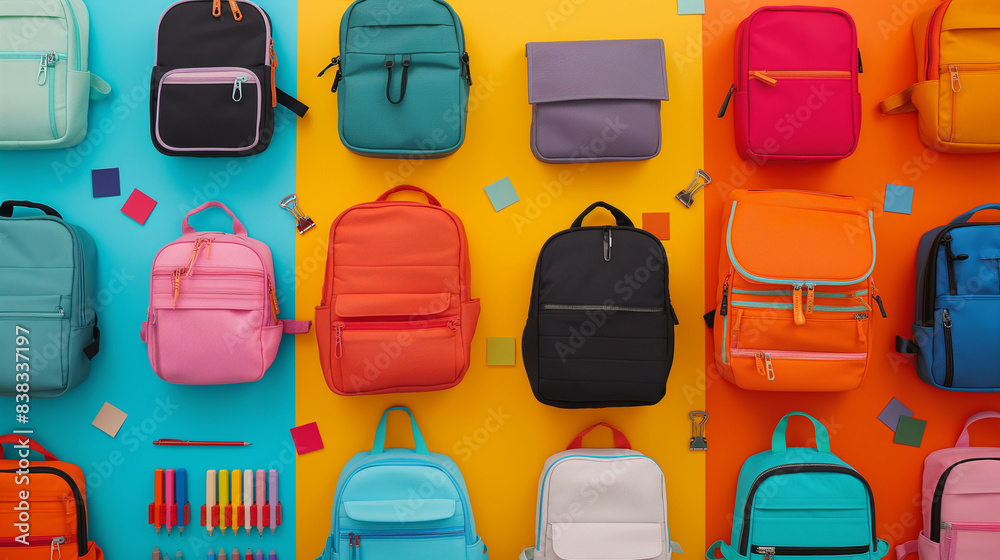 Different school backpacks with stationery on colorful background top view. Different school backpacks with stationery on colorful background top view.
