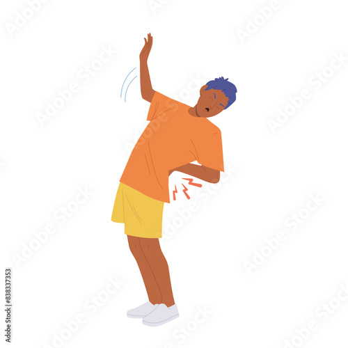 Young boy cartoon character screaming feeling acute pain in lower back vector illustration