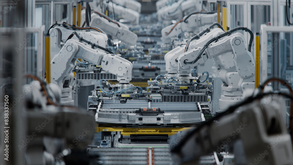 Lithium-Ion EV Battery Pack Production at Large Automated Assembly Line at Bright Factory Equipped With Industrial Robot Arms. Electric Car Manufacturing. Row of White Robotic Arms at Factory Lithium-Ion EV Battery Pack Production at Large Automated Assembly Line at Bright Factory Equipped With Industrial Robot Arms. Electric Car Manufacturing. Row of White Robotic Arms at Factory