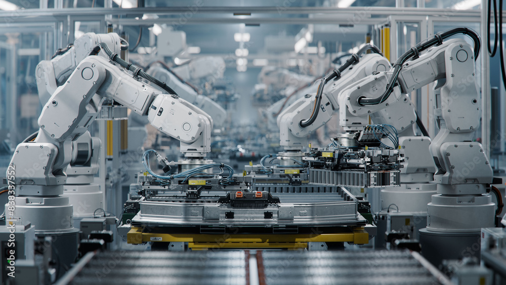 Row of White Robotic Arms at Modern Factory. Lithium-Ion EV Battery Pack Production at Automated Assembly Line at Bright Factory Equipped With Industrial Robot Arms. Electric Car Manufacturing. Row of White Robotic Arms at Modern Factory. Lithium-Ion EV Battery Pack Production at Automated Assembly Line at Bright Factory Equipped With Industrial Robot Arms. Electric Car Manufacturing.