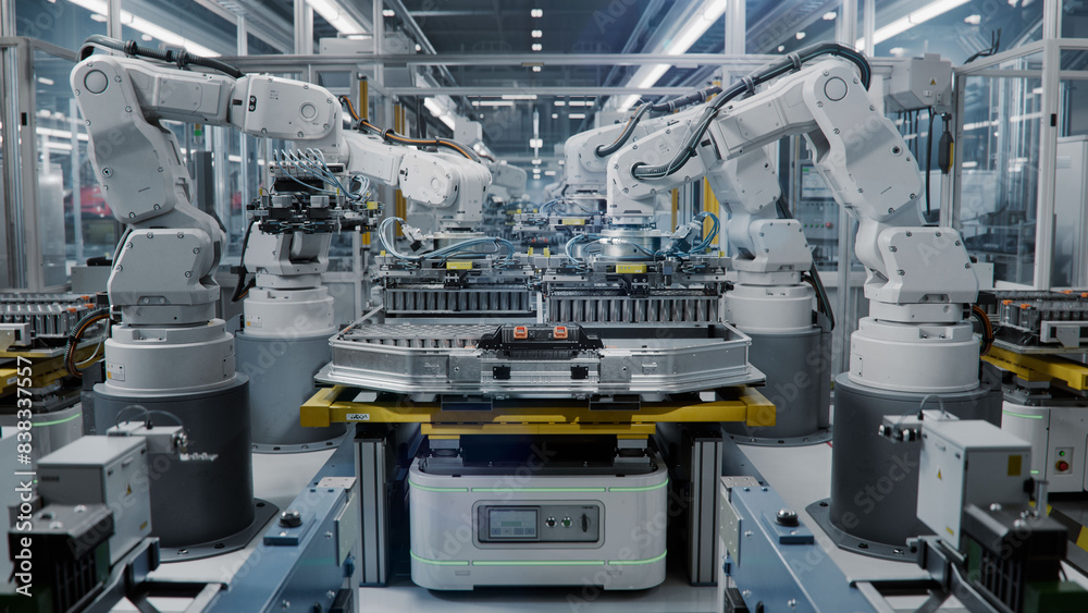 Industrial Robot Arms Assemble Lithium-Ion EV Battery Pack. Electric Car Manufacturing Inside Automotive Smart Factory. Row of White Robotic Arms at Automated Production Line at Bright Modern Factory. Industrial Robot Arms Assemble Lithium-Ion EV Battery Pack. Electric Car Manufacturing Inside Automotive Smart Factory. Row of White Robotic Arms at Automated Production Line at Bright Modern Factory.