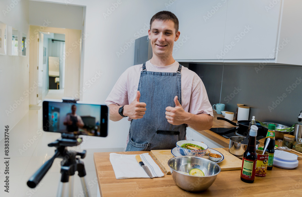 The chef is broadcasting live from workshop how to prepare a vegetarian food The chef is broadcasting live from workshop how to prepare a vegetarian food