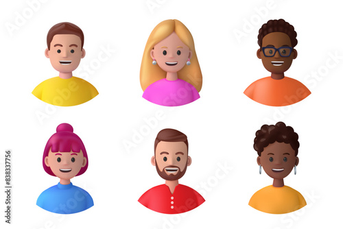 3d avatars. People person icons of young man and woman faces, business team render, happy work in office. Girl and boy student smile. User person. Vector illustration cartoon set isolated