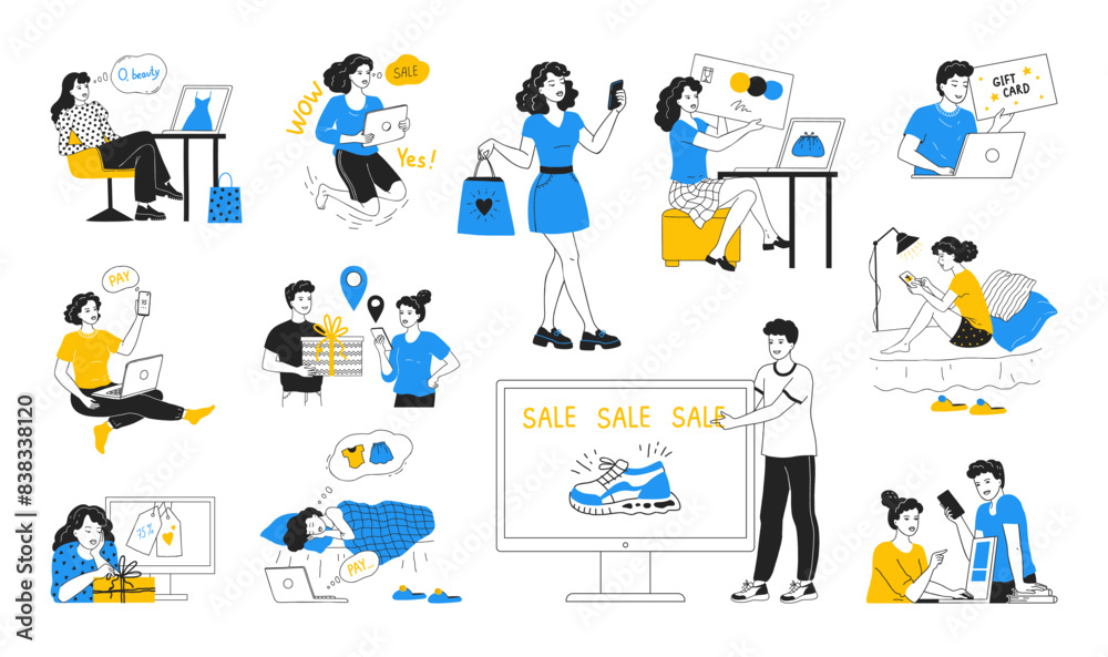 Online shopping. Store sale. Internet shop. Doodle people characters. Happy persons with smartphones. Woman making purchases. Man paying order. Courier delivery. Vector concepts set