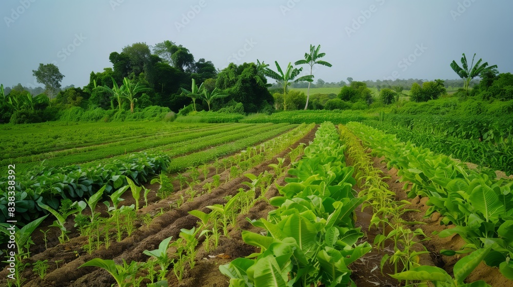 Fototapeta premium Rows of green crops growing in a lush, verdant farmland with trees and hills in the background.