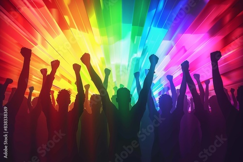 Silhouettes celebrating under a rainbow burst symbolizing joy and unity in a vibrant and dynamic digital illustration