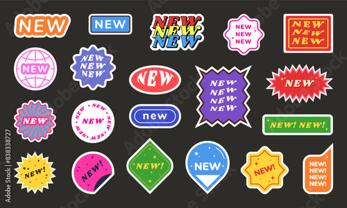Retro stickers. New label pack. Y2K symbols. Retro circle brand icons. Sale tags. Creative arrival trendy shapes. 90s color stamps. Store sticky patches. Vector product sale marks set