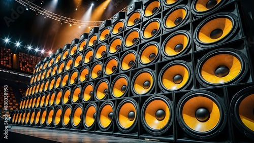 a large wall of yellow and black concert speakers stacked in an array, likely indicating a powerful sound system at a music event.