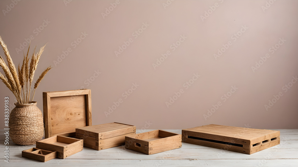 Wooden props for displaying products on a simple and fashionable background. Wooden props for displaying products on a simple and fashionable background.