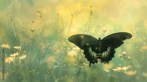 Painting merging flowers with black butterfly in a garden with a green background. Relaxing nature rhythms