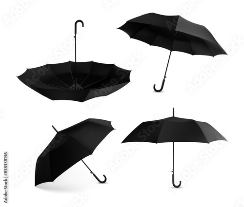 Realistic umbrella set. Parasol mockup, marketing branding isolated elements. View from different angles, open closed waterproof canopy. 3D folded tent. Vector rain protection accessory set