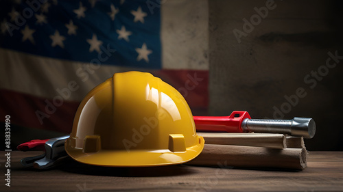 Labor day safety helmet tools concept. Top view background photo