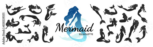 Mermaid. Little starfish tail silhouette, sea beach girl on shell, simple young ocean water fairy fantasy woman with long hair. Isolated decorative elements. Mythology vector graphic icon set