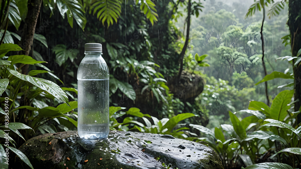 Typical plastic water bottles on the side of a hotel resort swimming pool. Nature on simulated rocks with wet cold drops background is a wide banner. Typical plastic water bottles on the side of a hotel resort swimming pool. Nature on simulated rocks with wet cold drops background is a wide banner.