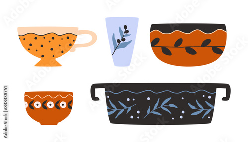 Tea tableware. Ceramic cups. Kitchen utensil. Hot beverage drinking. Floral ornament. Porcelain mugs. Glass and pot. Household dinnerware. Pottery bowl. Teatime crockery vector set