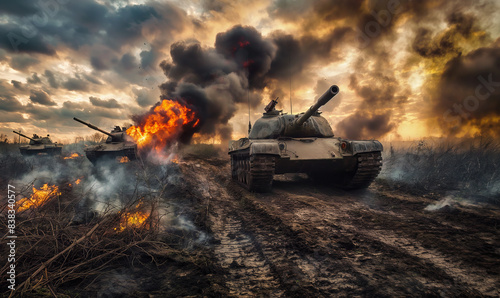 Tanks in a battlefield, with explosions and smoke rising, depicting a scene of intense warfare