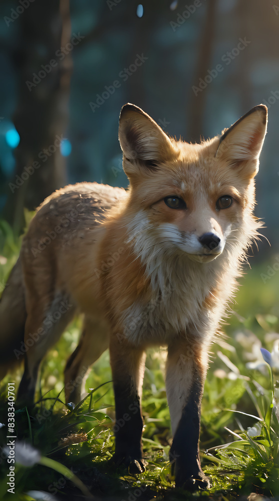 Fototapeta premium a fox standing in the grass with a blurry background