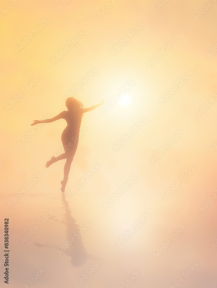 Silhouette of a woman dancing joyfully in a golden, ethereal light with her reflection on the water Silhouette of a woman dancing joyfully in a golden, ethereal light with her reflection on the water