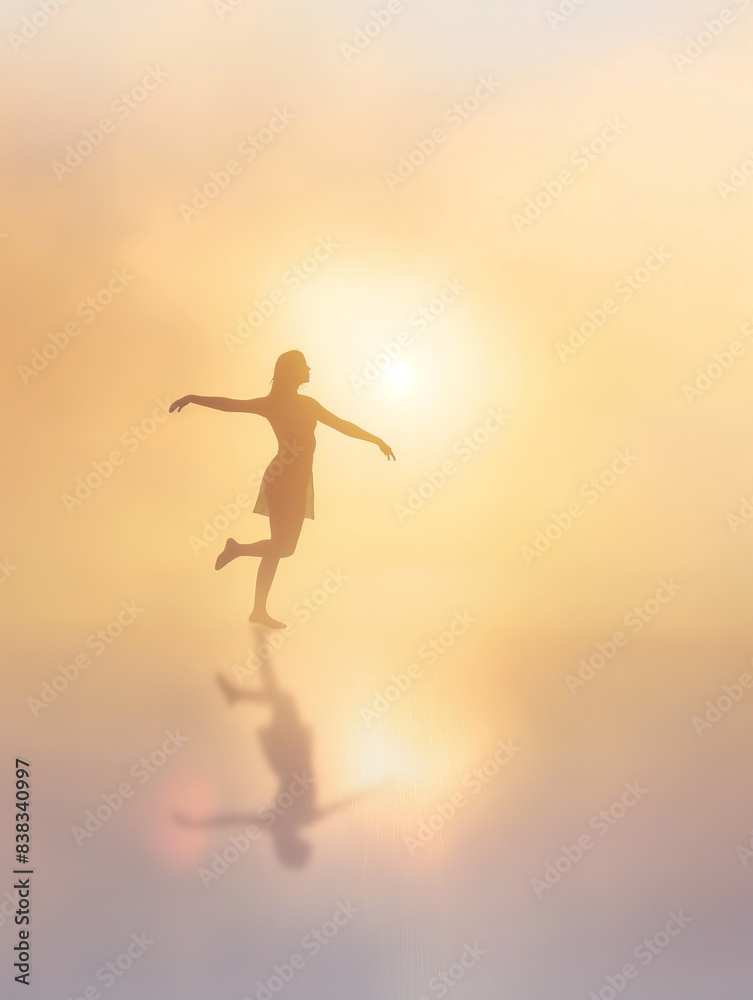 Silhouette of a woman gracefully balancing on one foot in a soft, golden light with her reflection on a smooth surface Silhouette of a woman gracefully balancing on one foot in a soft, golden light with her reflection on a smooth surface