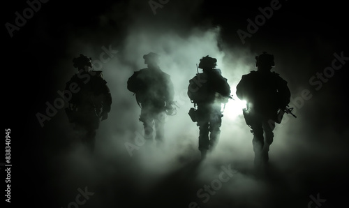 Silhouettes of soldiers walking through thick smoke with a bright light source behind them  creating a dramatic and intense scene