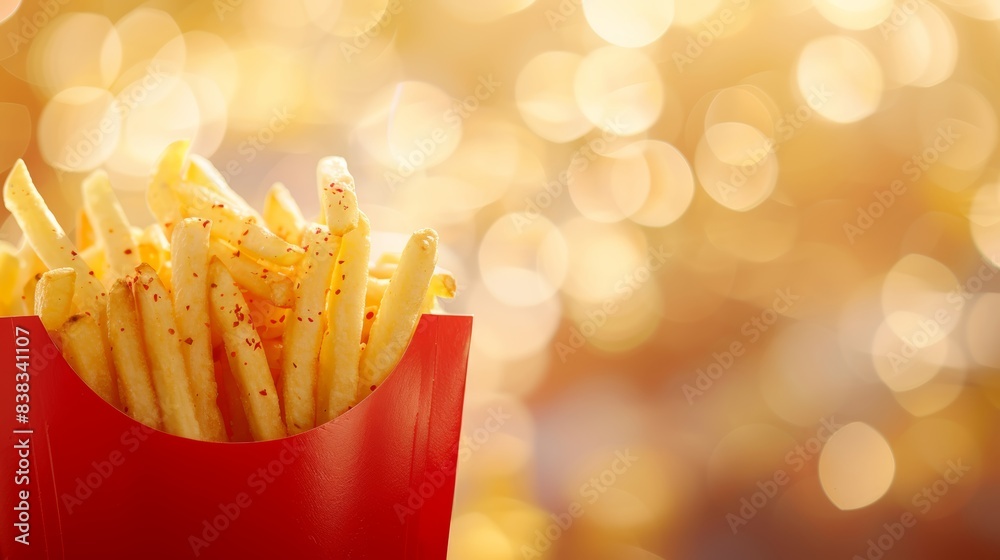 Close-up of golden crispy French fries in red packaging with sparkling bokeh background, evoking warmth and deliciousness. Close-up of golden crispy French fries in red packaging with sparkling bokeh background, evoking warmth and deliciousness.