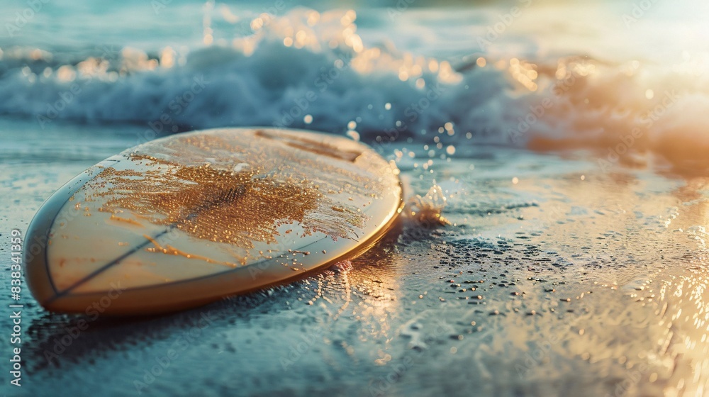 A surfboard stuck in the sand on the beach against big ocean waves A surfboard stuck in the sand on the beach against big ocean waves