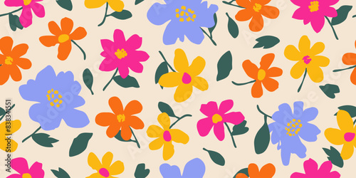 Hand drawn cute flowers, seamless patterns with floral for fabric, textiles, clothing, wall art, wallpaper, cover, banner, poster, interior decor, natural backgrounds.