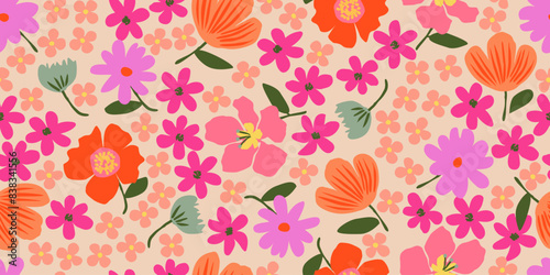 Hand drawn cute flowers, seamless patterns with floral for fabric, textiles, clothing, wall art, wallpaper, cover, banner, poster, interior decor, natural backgrounds.