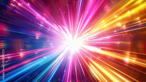 Vibrant neon light streaks in pink, yellow, and blue converge in a warp speed effect, creating a bright central point.