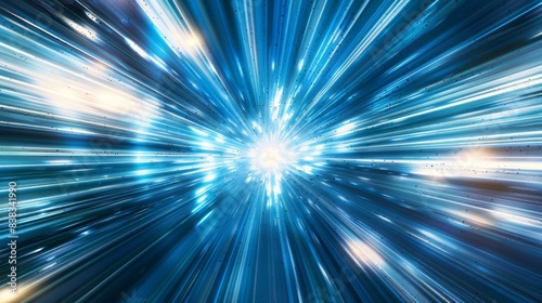 Futuristic warp speed effect with dynamic sky blue and white light streaks converging towards a bright central point. photo