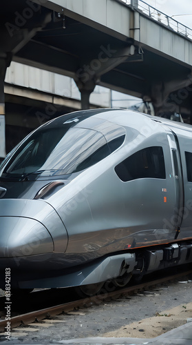 a silver train that is going under a bridge