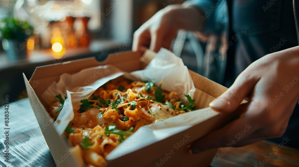 Close up of a person opening the delivery box, unboxing the food Close up of a person opening the delivery box, unboxing the food