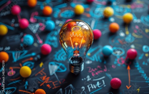 Creative idea concept light bulb surrounded by colorful balls and chalkboard with drawings, symbolizing innovation and brainstorming. photo