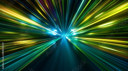 Vibrant warp speed effect in shades of navy blue, neon green, and canary yellow converging into a bright central point.