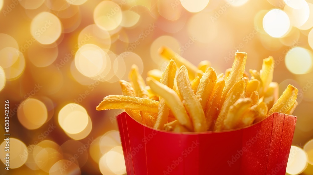 Crispy golden french fries in a red container with a bokeh background. Perfect image for fast food, snack, and comfort food themes. Crispy golden french fries in a red container with a bokeh background. Perfect image for fast food, snack, and comfort food themes.