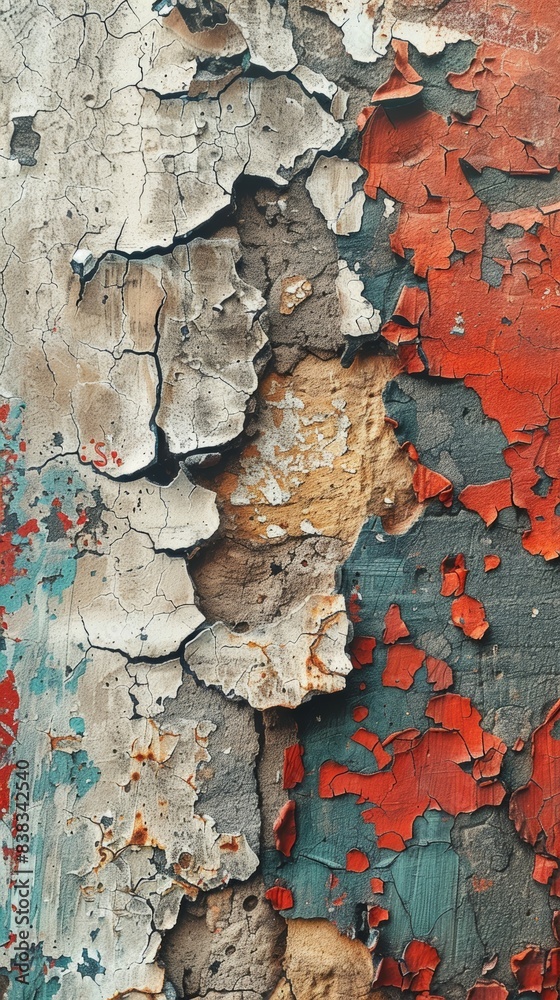 Fototapeta premium Grungy, cracked concrete wall with peeling paint and graffiti.