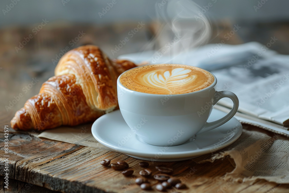 Steaming Cup of Coffee with Latte Art and Fresh Croissant on Rustic Wooden Table with Newspaper in Background Steaming Cup of Coffee with Latte Art and Fresh Croissant on Rustic Wooden Table with Newspaper in Background