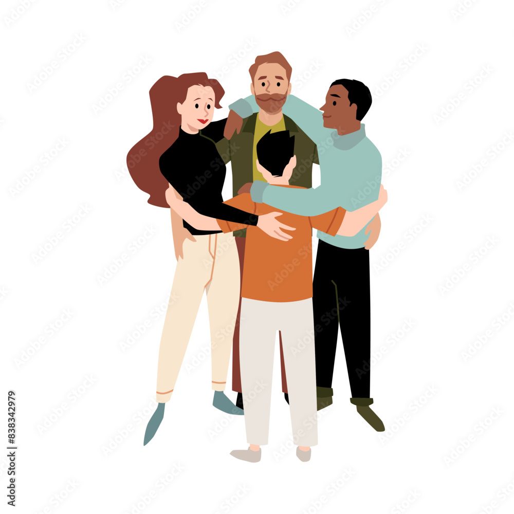 Fototapeta premium Characters in group hugs, expressing family bonds and community support.