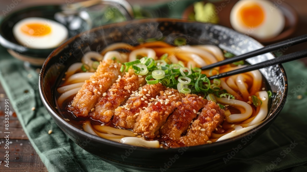 Delicious bowl of udon noodles with crispy fried chicken, garnished with scallions and sesame seeds, perfect for an appetizing meal. Delicious bowl of udon noodles with crispy fried chicken, garnished with scallions and sesame seeds, perfect for an appetizing meal.