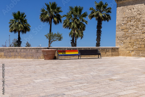 Fort of Sant'Antonio (Fortino Sant' Antonio) with a bench in a six-colored rainbow representing the LGBT community, Bari, Italy photo