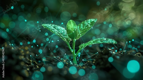 A young plant sprouting in soil with glowing digital nodes surrounding it, representing technology's role in agricultural growth.