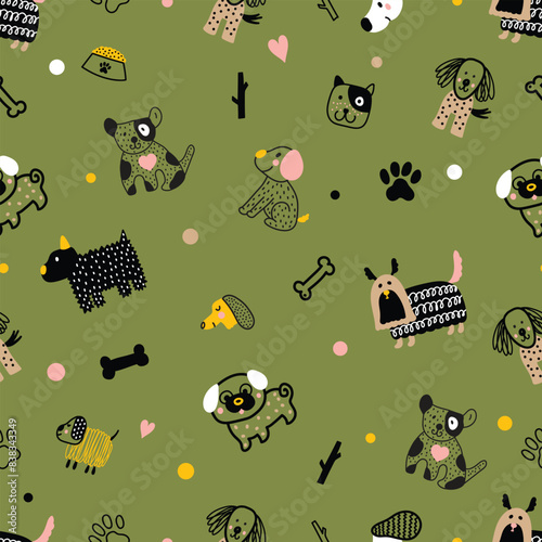 Cute doggie. Funny children's seamless pattern. Can be used in textile industry, paper, background, scrapbooking.Vector.