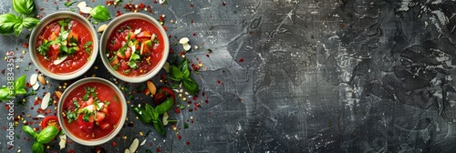 Overhead view of three bowls of cold organic gazpacho soup, garnished with fresh herbs and almond slices, on a dark background photo