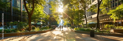  Pedestrianfriendly plaza with tall buildings and trees lining the street creating a green refuge in the cityscape photo