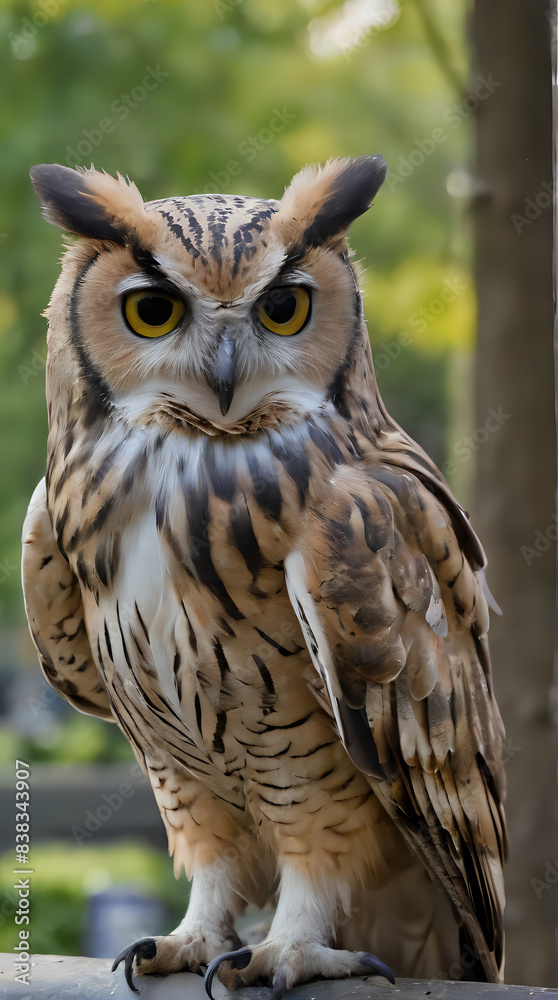 Fototapeta premium a owl sitting on a ledge with trees in the background
