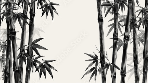 Elegant monochrome illustration of bamboo stalks and leaves. Asian-inspired minimalist design perfect for backgrounds and decor.